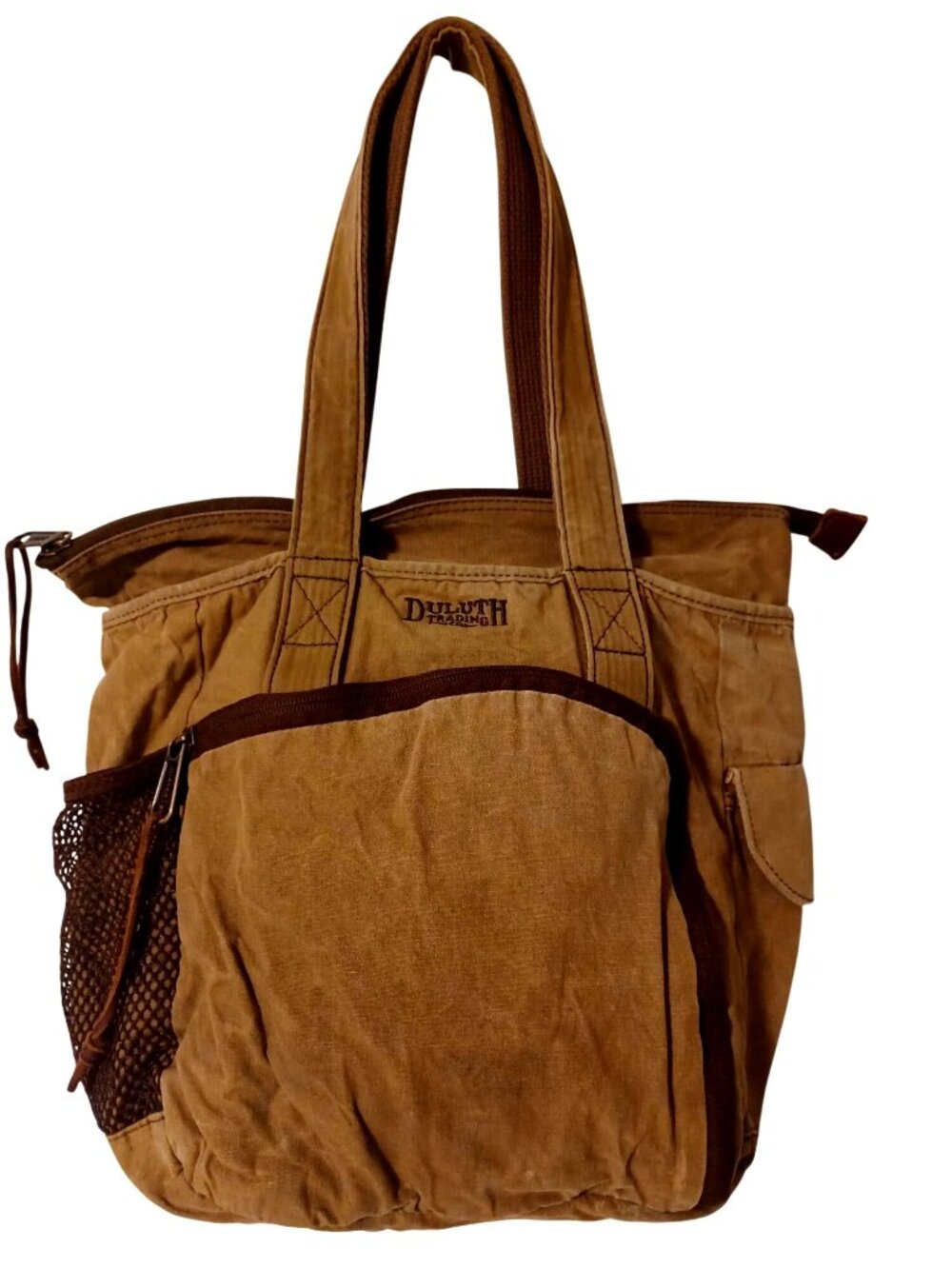 Duluth Trading Canvas Tote Bag Brown Utility Multi Pockets Zip Handbag Women